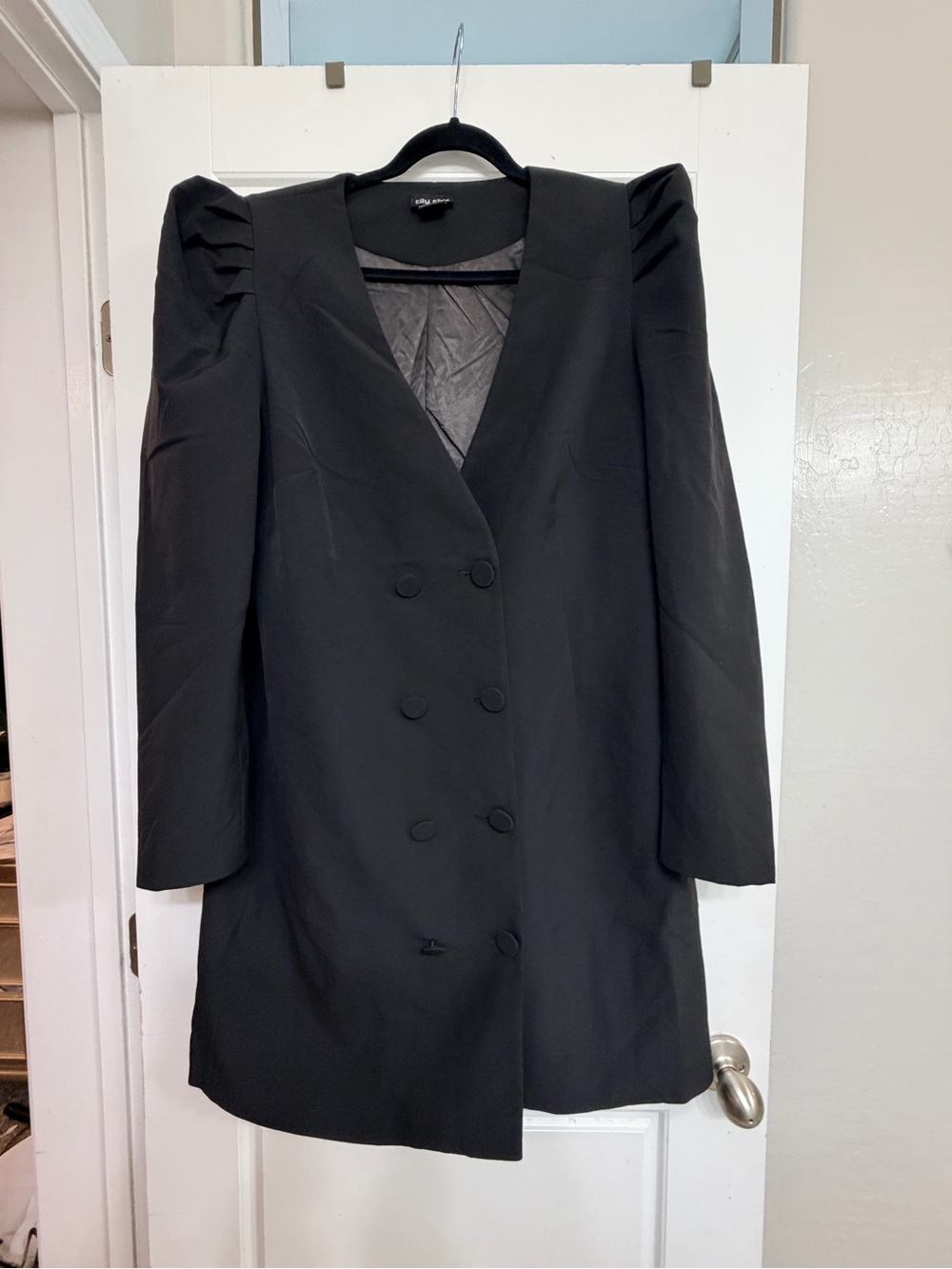 City Chic Black Double-Breasted Blazer Dress with Puffed Shoulders
